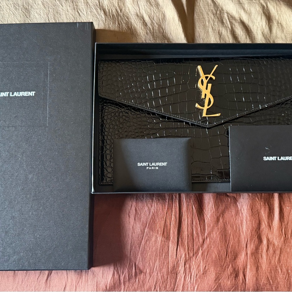 Saint Laurent Black Croc-Embossed Clutch with Gold Logo